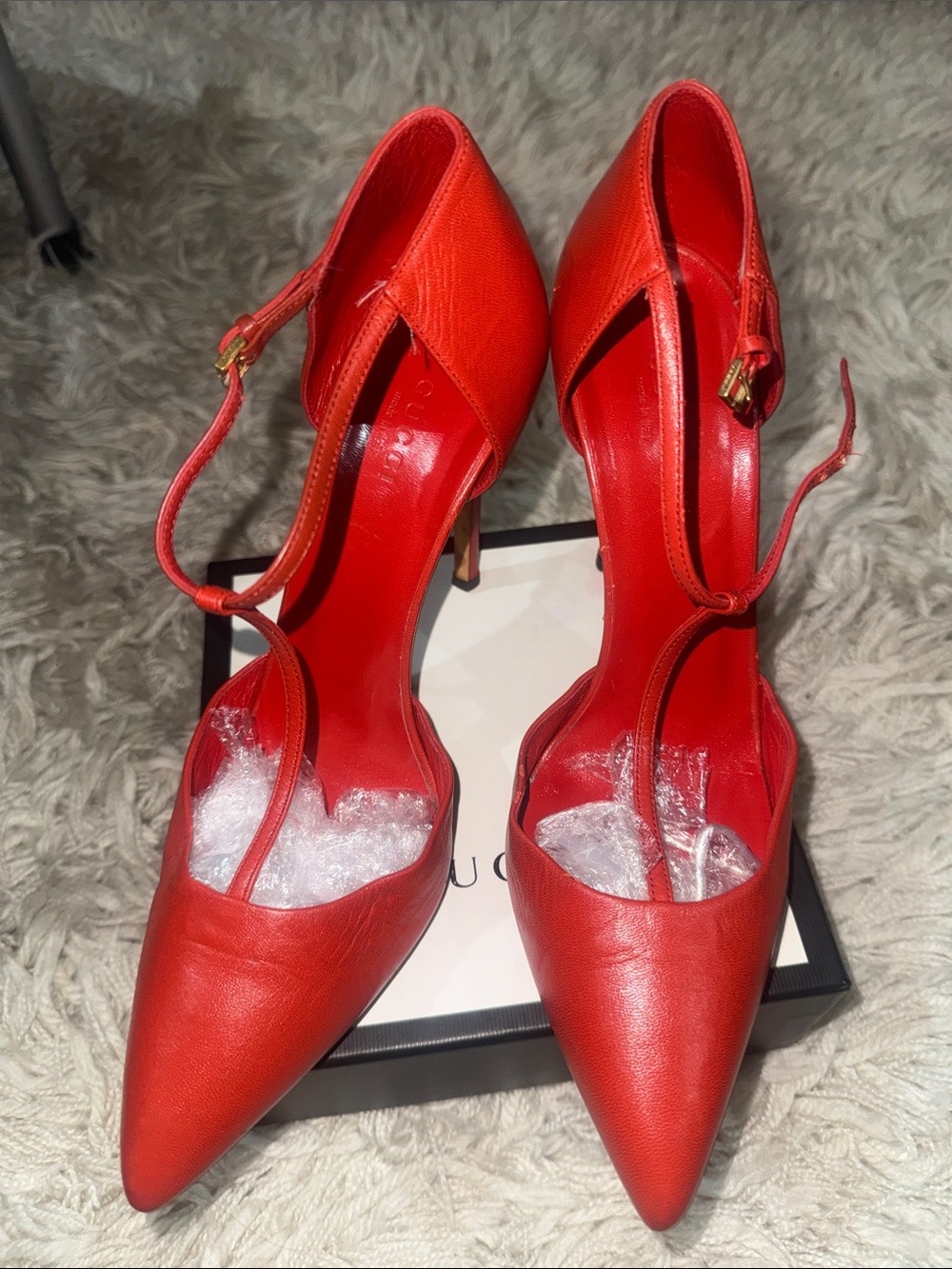 Gucci Red Pointed-Toe Ankle-Strap Heels